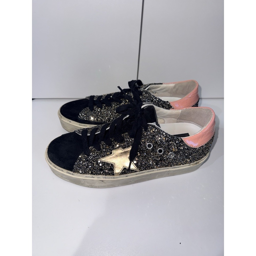 GOLDEN GOOSE Hi Star Glitter Star Black Pink Gold White Women's Sneakers Sz 38 - Picture 2 of 10